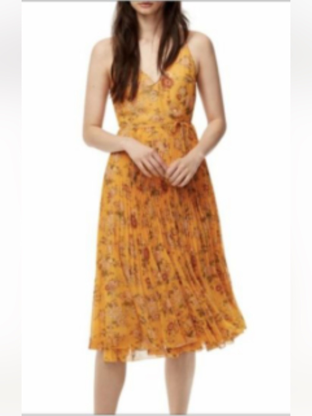 ARITZIA WILFRED BEAUNE PLEATED MIDI DRESS yellow golden floral pattern size XXS